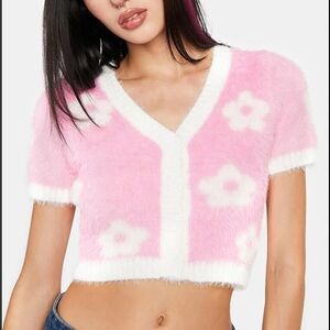NWT New Pretty Garbage Sz M Knit Cropped Fluffy Pink White Floral Sweater